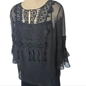 Elie Tahari Black Sheer Pure Silk Lace Blouse